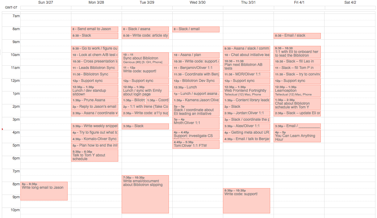A screenshot of just my work calendar in Google Calendar.